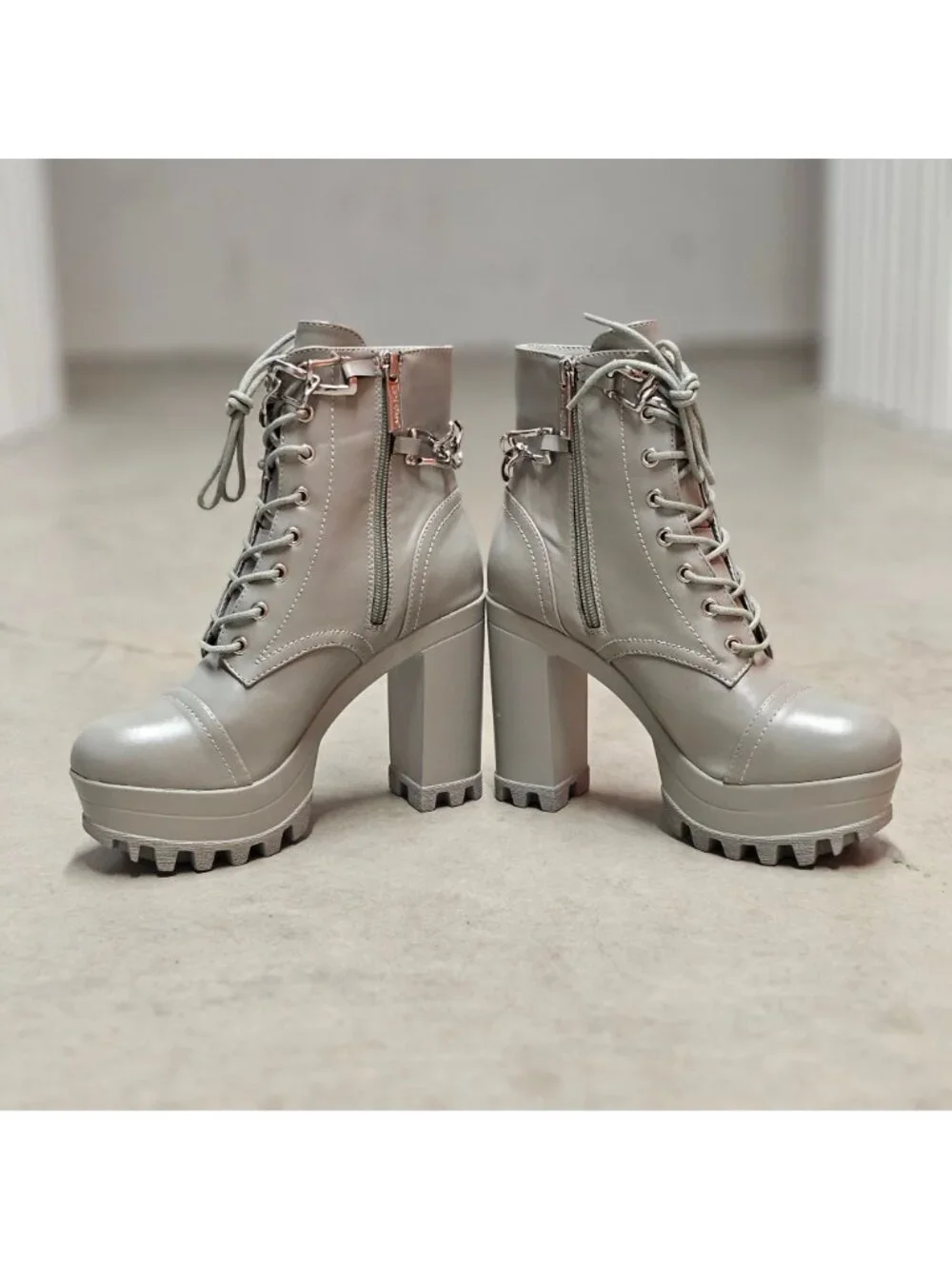 Chunky Platform Lace-Up Ankle Boots With Chain Detail In Light Olive Faux Leathe